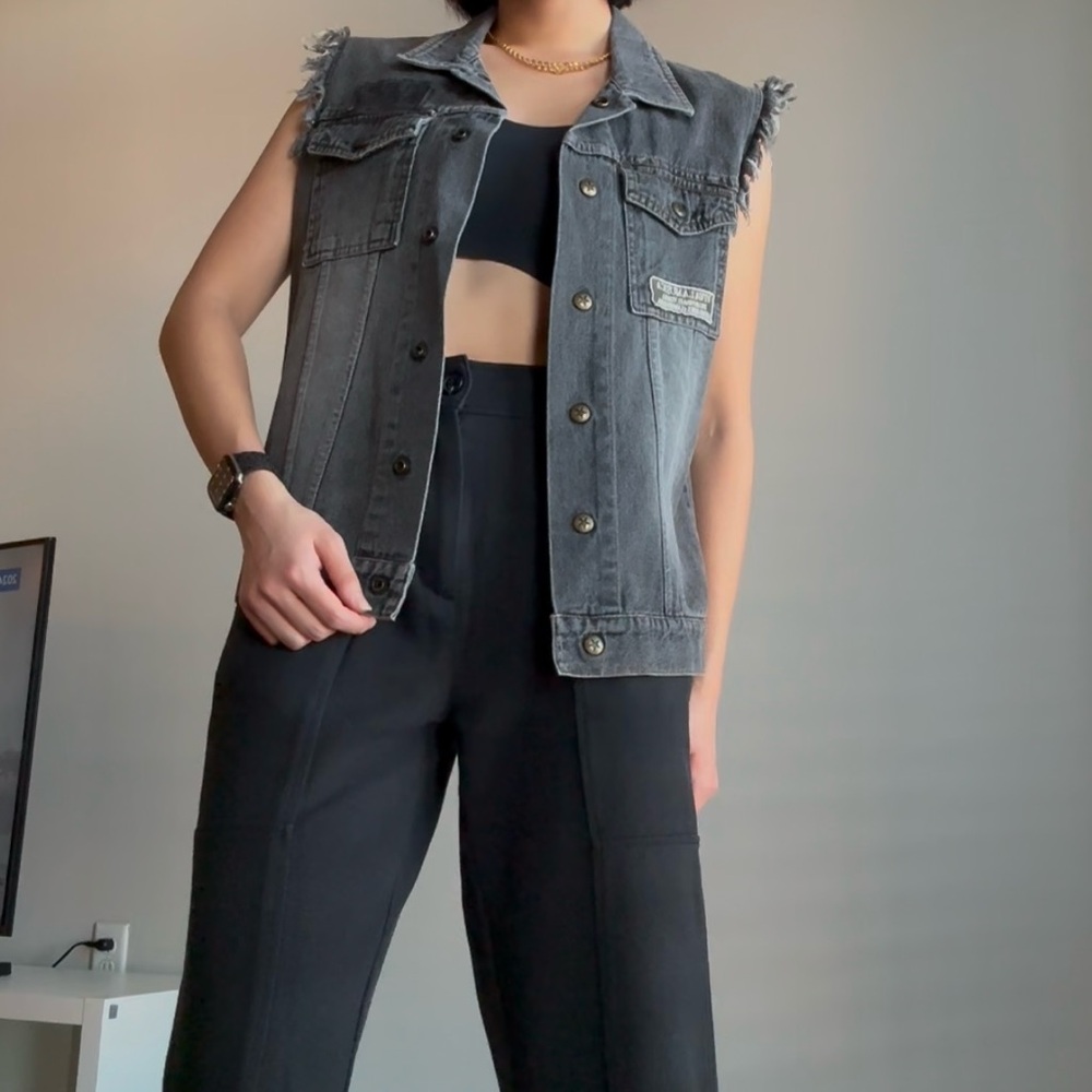 Vintage Grey denim vest with fringe details